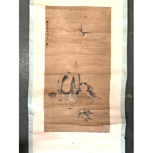 2449 - A Japanese scroll depicting two men and a sparrow, 162cmL 47cmW complete