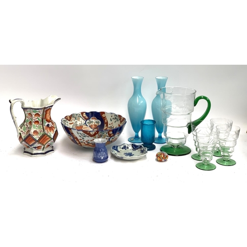 196 - A mixed lot to include millefiori glass paperweight; mid century segmented glass pitcher and wine gl... 