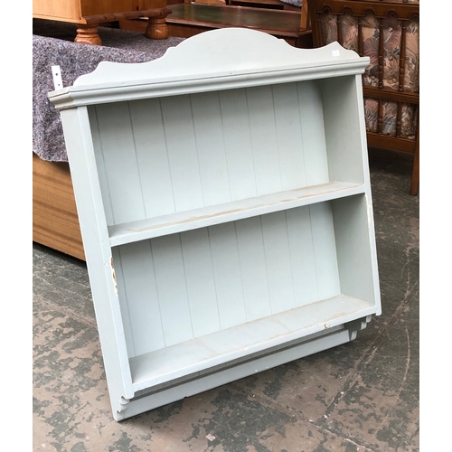 707 - A pale blue painted wall shelf of two shelves, 87cmW