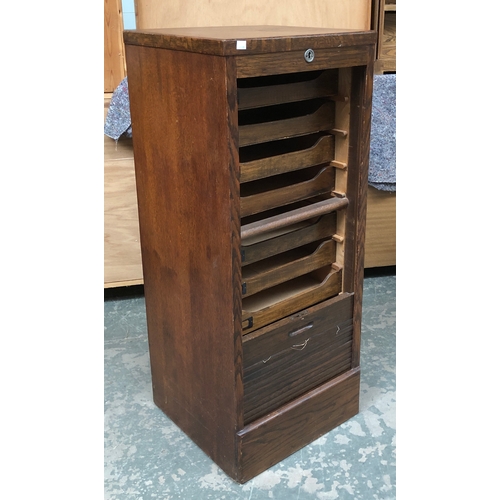 744 - A 20th century oak tambour fronted filing cabinet with slides (af), 46x43x111cmH