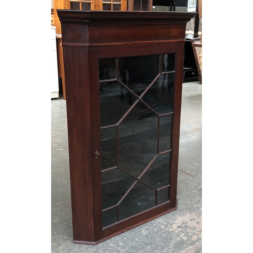 671 - A mahogany astragal glazed corner cupboard with dentil cornice, 72cmW