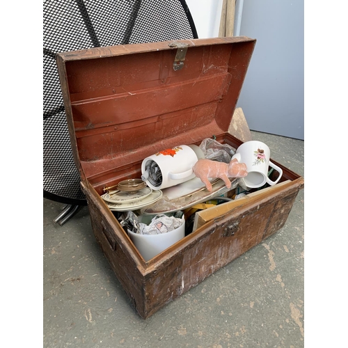 767 - A scumble painted metal storage box containing various ceramics, 65cmW