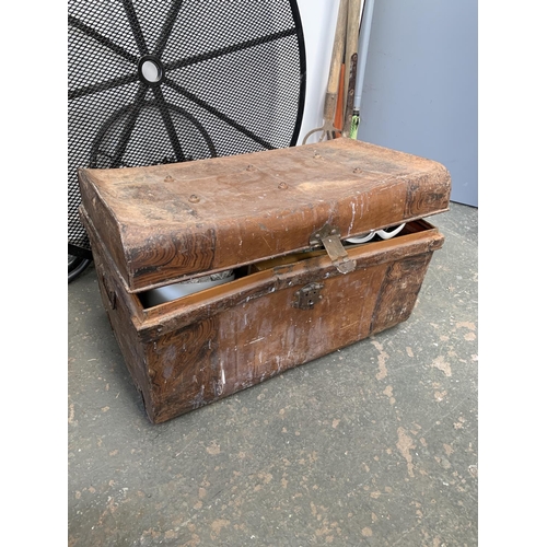 767 - A scumble painted metal storage box containing various ceramics, 65cmW