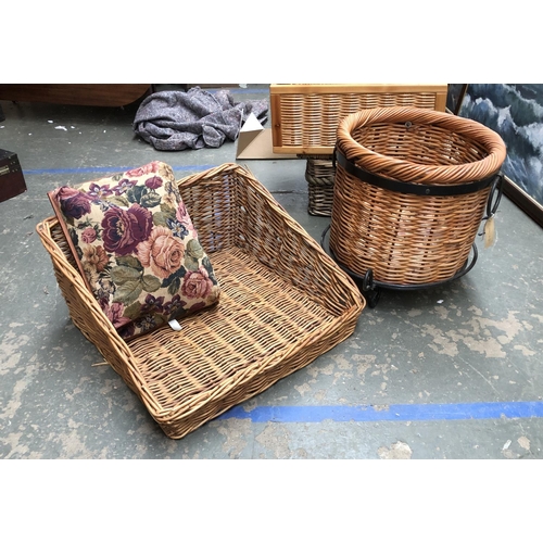 802 - A wicker basket with wrought metal band and stand, 44cmD 45cmH; together with a wicker storage displ... 