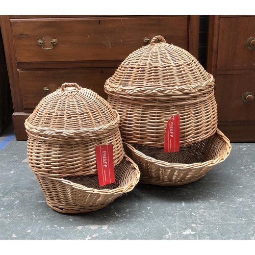 805 - Two wicker potato storage baskets with lids, the larger 48cmW 50cmH