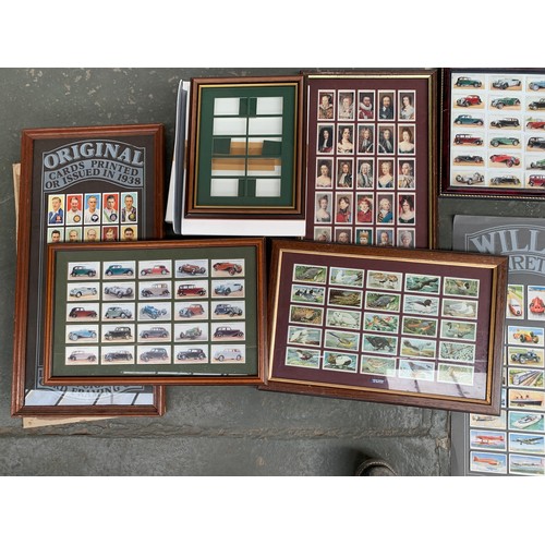 509 - A quantity of framed and glazed Player's cigarette cards to include cricket, butterflies, planes, et... 