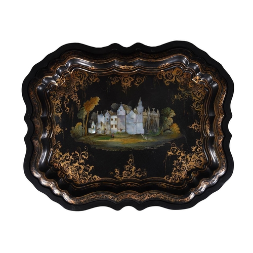 426 - A Victorian black lacquered papier mache tray in the manner of Jennens and Bettridge, of King's goth... 