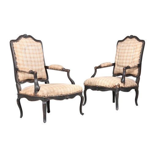 442 - A pair of French beech fauteuils in Louis XV style, 19th century, 70cm wide, 64cm deep, 101cm high