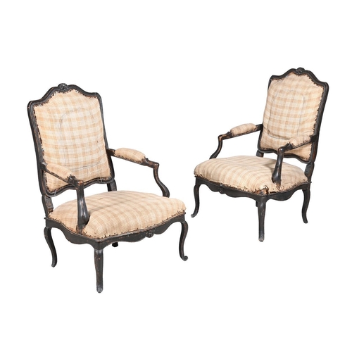 442 - A pair of French beech fauteuils in Louis XV style, 19th century, 70cm wide, 64cm deep, 101cm high