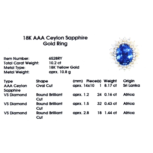 31 - An 18ct gold sapphire and diamond cluster ring, the large Sri Lankan sapphire 14x10mm weighing appro... 