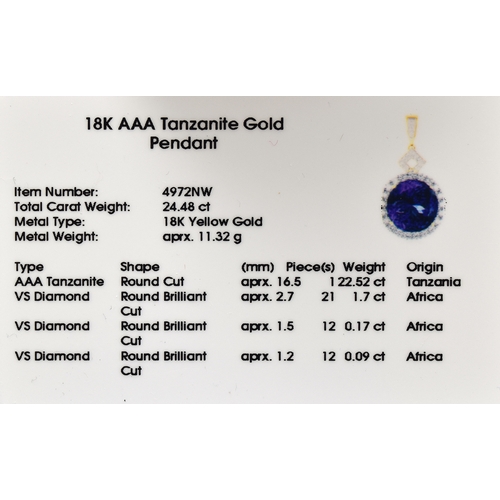 36 - An 18ct gold mounted large tanzanite pendant, the round brilliant cut stone measuring 16.5mmD and we... 