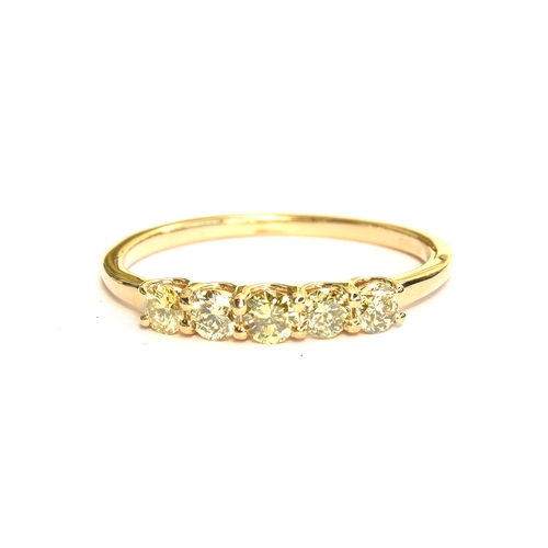 60 - A 14ct gold ring set with five fancy olive coloured diamonds, total carat weight approx. 0.5cts, siz... 