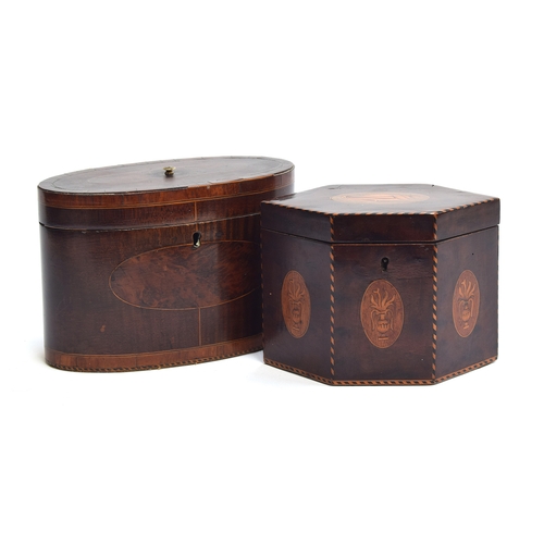 222 - Two George III mahogany and marquetry tea caddies, c.1790; one of hexagonal form, barber's pole stri... 