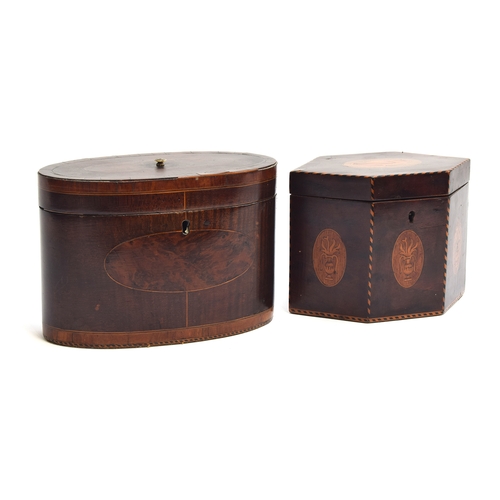 222 - Two George III mahogany and marquetry tea caddies, c.1790; one of hexagonal form, barber's pole stri... 