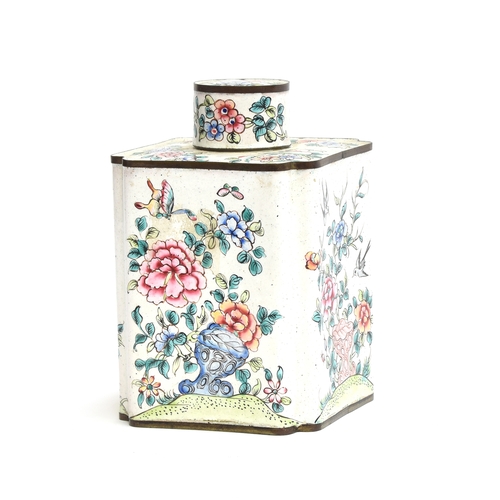 236 - A 19th century Chinese Canton enamel tea canister of shaped outline, decorated with chrysanthemum an... 