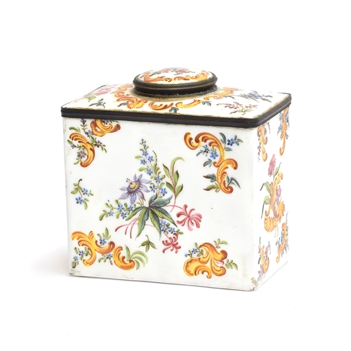 237 - A 19th century enamel tea canister, painted with floral motifs and rococo scrolls, 11cm wide