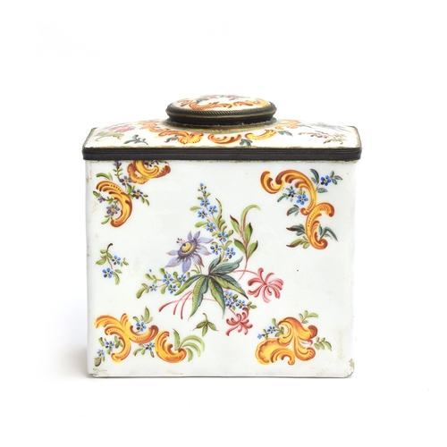 237 - A 19th century enamel tea canister, painted with floral motifs and rococo scrolls, 11cm wide