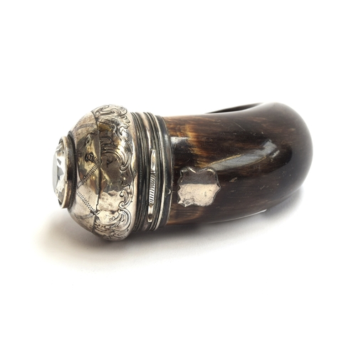 229 - A 19th century Scottish horn snuff mull, the white metal engraved top set with citrine, the body wit... 