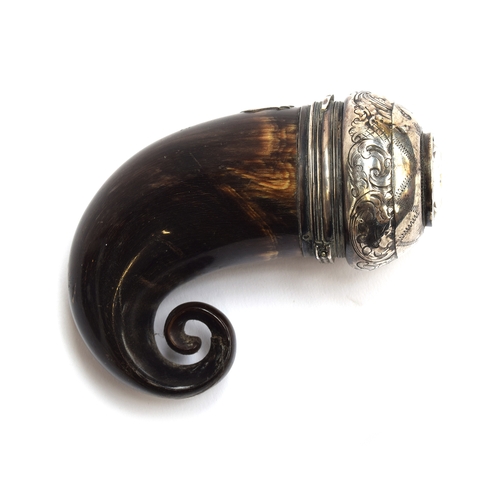 229 - A 19th century Scottish horn snuff mull, the white metal engraved top set with citrine, the body wit... 