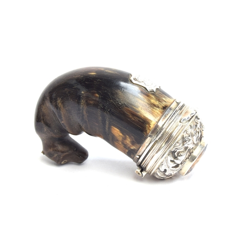 230 - A 19th century Scottish horn snuff mull, the chased white metal lid set with a cairngorm, the body w... 