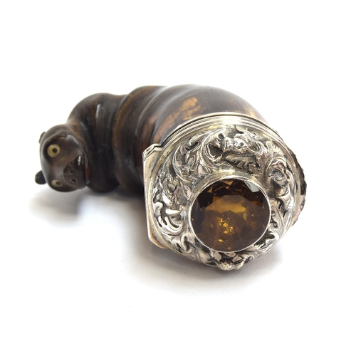 230 - A 19th century Scottish horn snuff mull, the chased white metal lid set with a cairngorm, the body w... 