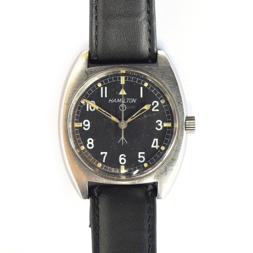 157 - A Hamilton military wristwatch, the black dial with white Arabic numerals, luminous hands and marker... 