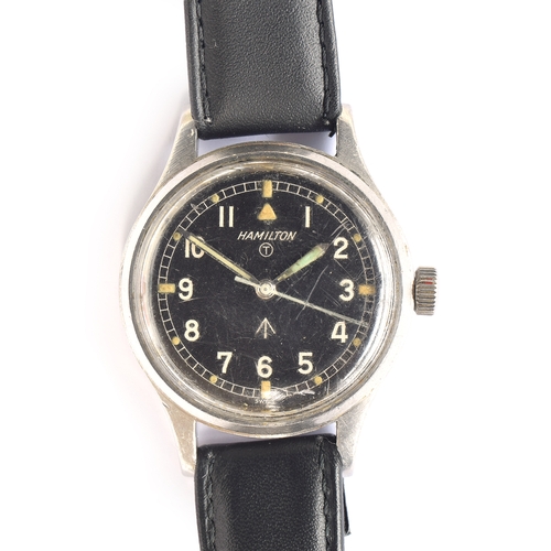 158 - A Hamilton British Military issue RAF pilot's stainless steel wristwatch, the black dial with white ... 