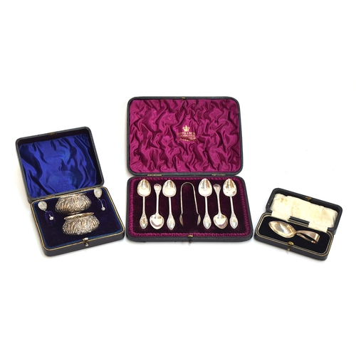 183 - A cased set of six silver teaspoons and sugar tongs, by Mappin & Webb; together with a cased christe... 