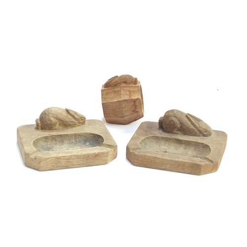 451 - Peter 'Rabbitman' Heap (ex-Mouseman), two oak pin dishes carved with rabbit signature, each 10cm wid... 