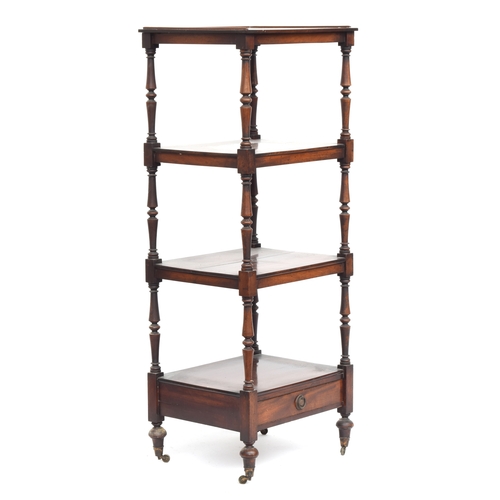 400 - A Regency mahogany four tier whatnot, on turned supports, with single drawer below, 49cm wide, 41cm ... 