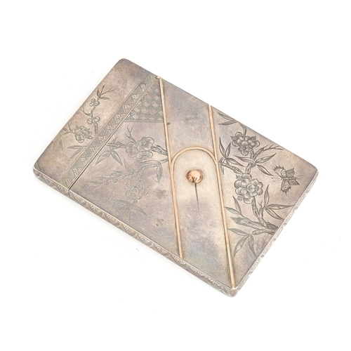 202 - A Victorian silver card case, with yellow metal inlay, by Joseph Walton, Birmingham 1881, engraved i... 