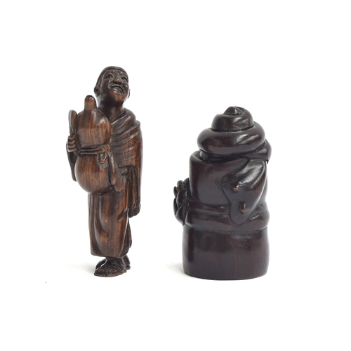 260 - Two carved Japanese netsukes, man with a gourd, 7cm high, and snail on a scroll, 5.7cm high, both si... 