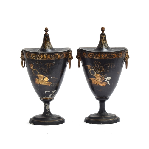 403 - A pair of Regency tole lidded urns, twin lion mask loop handles, painted lacquer style chinoiserie s... 