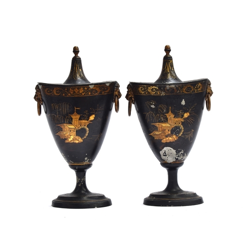 403 - A pair of Regency tole lidded urns, twin lion mask loop handles, painted lacquer style chinoiserie s... 