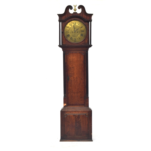 55 - A George III oak long case clock, broken swan neck pediment surmounted by a gilt metal eagle, the ho... 