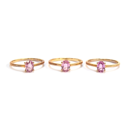 77 - Three 9ct gold rings each set with a 1ct pink sapphire, size R 1.2, gross weight 5.2g

Provenance: p... 