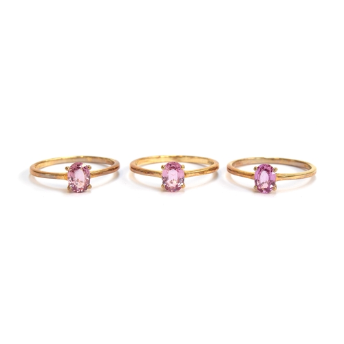 77 - Three 9ct gold rings each set with a 1ct pink sapphire, size R 1.2, gross weight 5.2g

Provenance: p... 