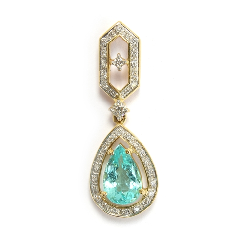 84 - An 18ct yellow gold, diamond and Brazilian paraiba tourmaline pendant, the pear cut tourmaline 2.76c... 