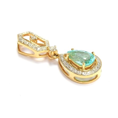 84 - An 18ct yellow gold, diamond and Brazilian paraiba tourmaline pendant, the pear cut tourmaline 2.76c... 