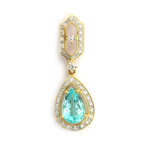 84 - An 18ct yellow gold, diamond and Brazilian paraiba tourmaline pendant, the pear cut tourmaline 2.76c... 