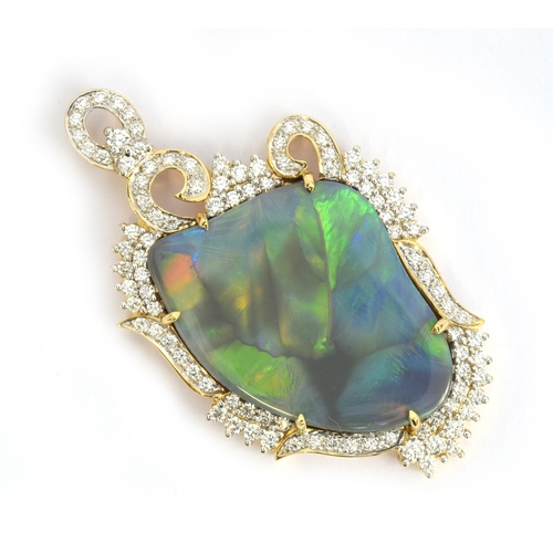 86 - An 18ct gold mounted lightning ridge black opal and diamond pendant, the opal 24.19cts, the diamonds... 