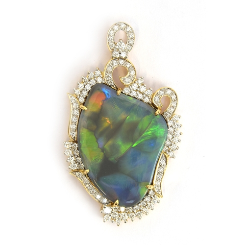 86 - An 18ct gold mounted lightning ridge black opal and diamond pendant, the opal 24.19cts, the diamonds... 