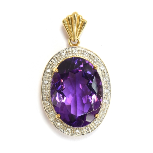 87 - A 9ct gold mounted Siberian amethyst and white sapphire pendant, the oval cut amethyst 14.1cts, 2.6c... 