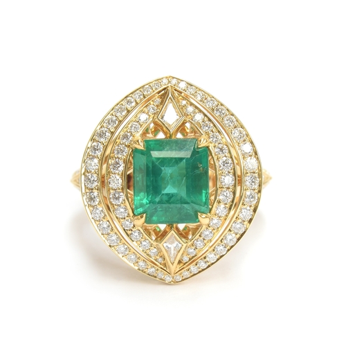 125 - A Kat Florence 18ct yellow gold, diamond and emerald ring of navette form, the Russian emerald 2.97c... 