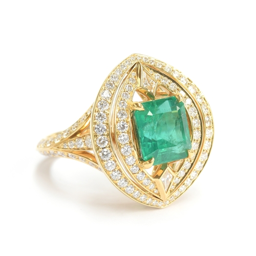 125 - A Kat Florence 18ct yellow gold, diamond and emerald ring of navette form, the Russian emerald 2.97c... 