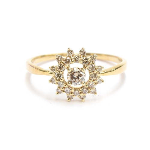 65 - A 9ct gold starburst cluster ring set with Argyle diamonds totalling 0.5cts, size R 1/2, gross weigh... 