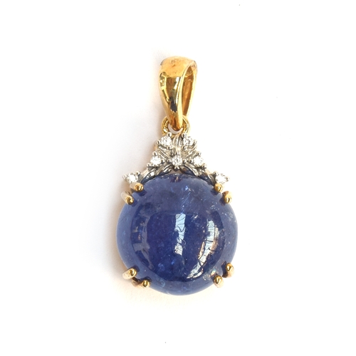 106 - A 9ct gold mounted tanzanite cabochon and natural white zircon pendant, the tanzanite 9.4cts and 12x... 