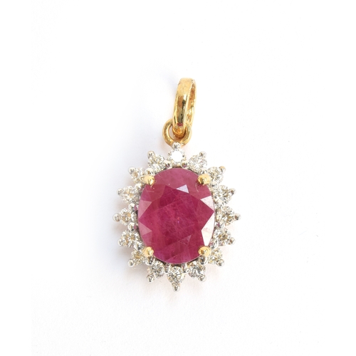 116 - An 18ct gold, ruby and diamond pendant, the Burmese ruby 3.5cts, with 0.5cts of diamonds, 1.7cm long... 