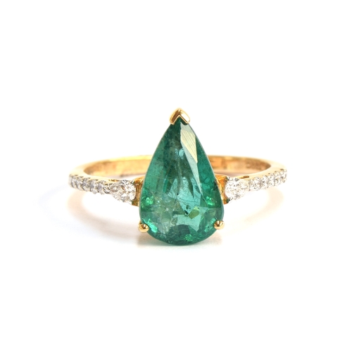 40 - An 18ct gold, emerald and diamond ring, the pear cut Zambian emerald 2.4cts and 11x7mm, size N 1/2, ... 