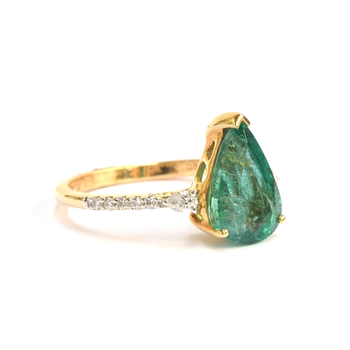 40 - An 18ct gold, emerald and diamond ring, the pear cut Zambian emerald 2.4cts and 11x7mm, size N 1/2, ... 